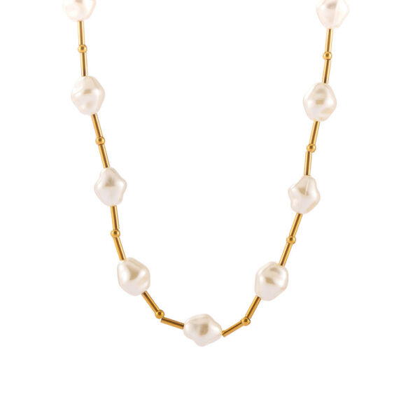 Imitation Pearl & 18K Gold Plated Bar Link Station Necklace - Modern Beaded Chain
