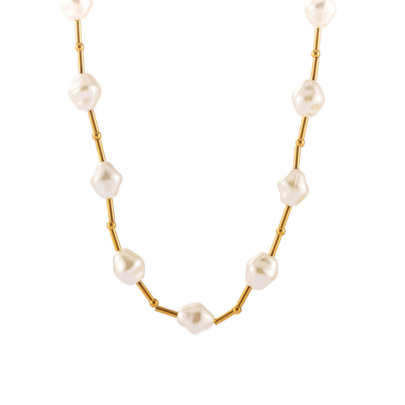 Imitation Pearl & 18K Gold Plated Bar Link Station Necklace - Modern Beaded Chain