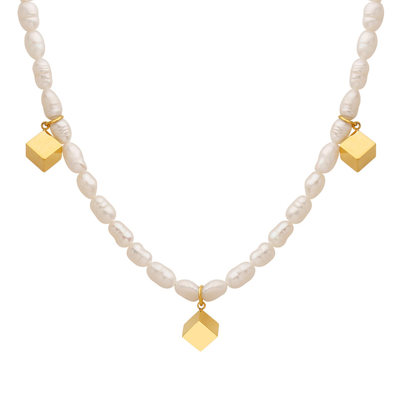 Freshwater Pearl & Gold Cube Charm Necklace - Dainty & Modern Jewelry