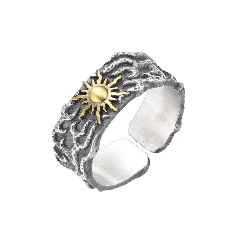 Vintage Sun & Cloud Sterling Silver Ring | Adjustable Oxidized Silver Band | Unique Celestial Design for Men & Women - 主图-6-10 