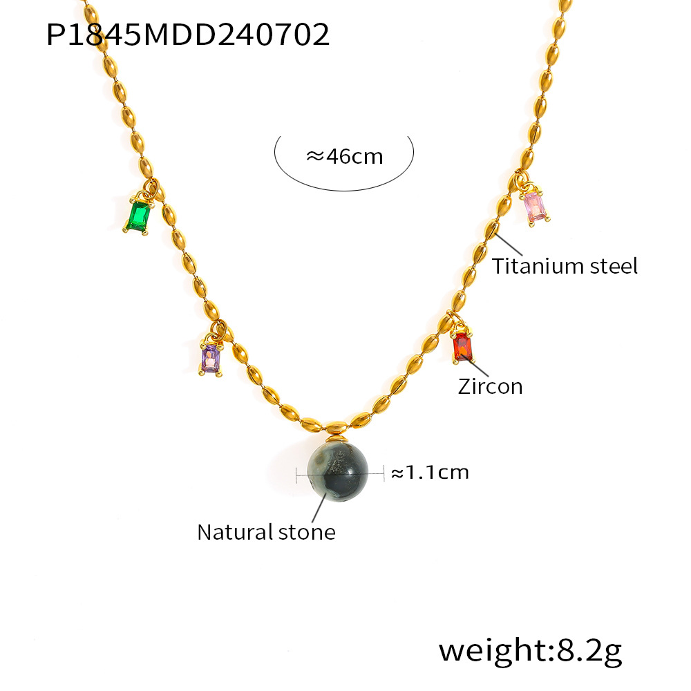 Gold Beaded Chain Necklace with Colorful Zircon Charms & Stone Pendant - Dainty & Modern - 主图-6-2 