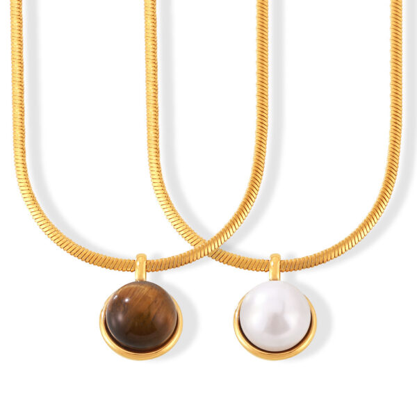 Gold Snake Chain Necklace with Pearl & Tiger Eye Pendant Set - Trendy & Versatile