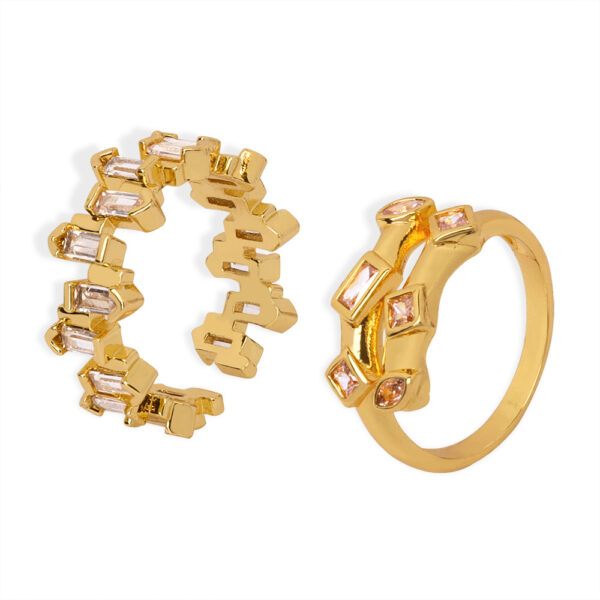 Gold Plated Baguette & Geometric Zircon Ring Set - Adjustable Stackable Fashion Jewelry
