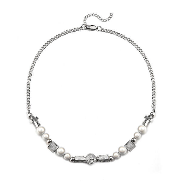 Men's Iced Out Skull Cross Pearl Necklace - Hip Hop Chain with Zirconia Accents