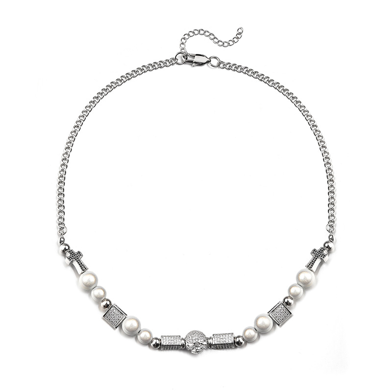 Men's Iced Out Skull Cross Pearl Necklace - Hip Hop Chain with Zirconia Accents