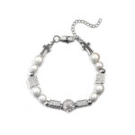 Hip Hop Men’s Pearl Skull Bracelet with Cross Charms – CZ Studded Jewelry Gift