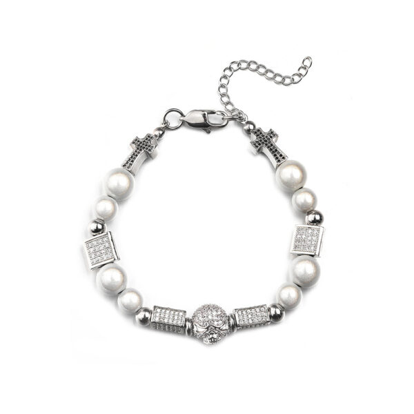 Hip Hop Men's Pearl Skull Bracelet with Cross Charms - CZ Studded Jewelry Gift