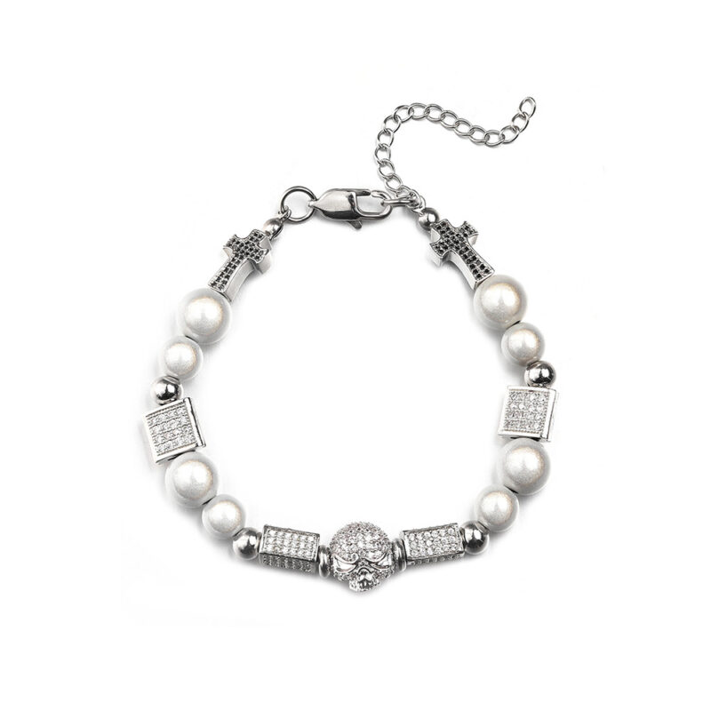 Hip Hop Men's Pearl Skull Bracelet with Cross Charms - CZ Studded Jewelry Gift