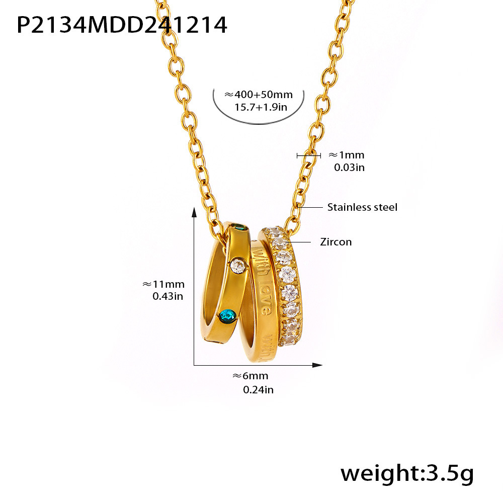 Gold Triple Ring Pendant Necklace for Women - CZ Crystal Charm Chain - 主图-7-6 