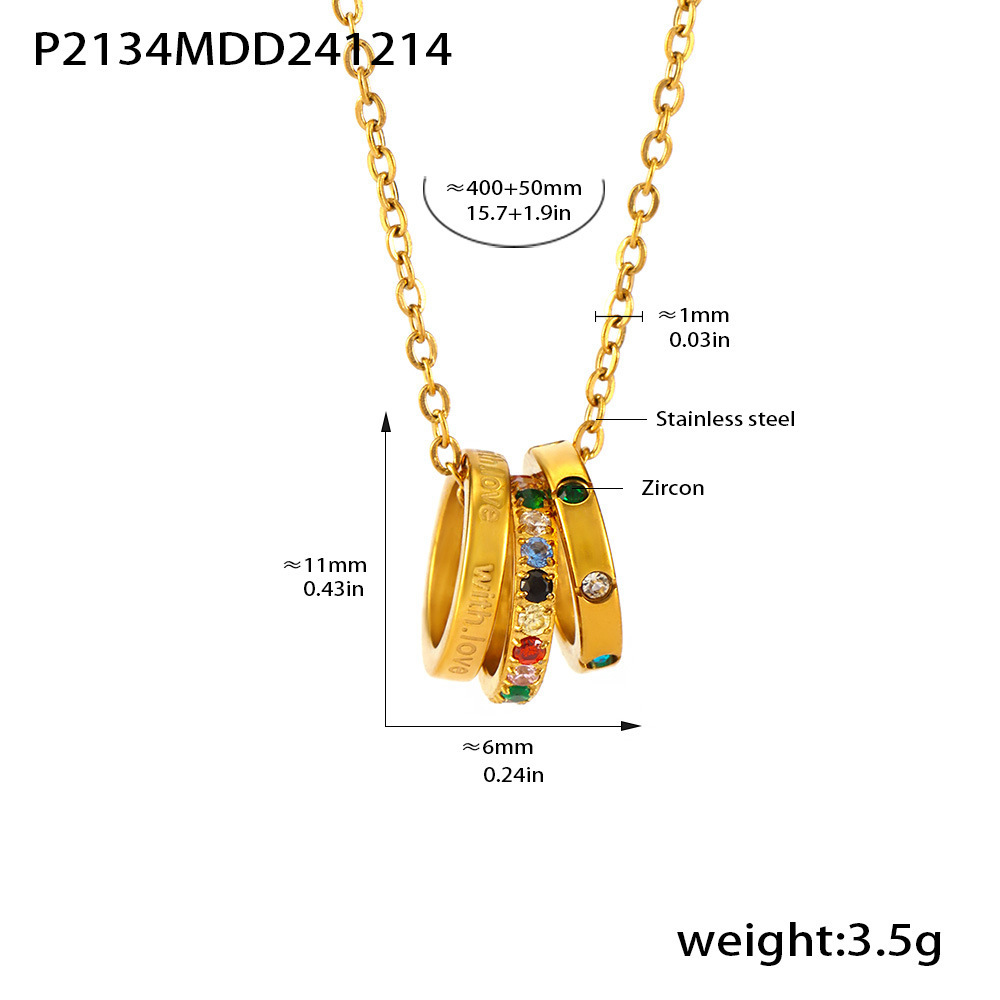 Gold Triple Ring Pendant Necklace for Women - Colorful Gemstone & Engraved Charm - 主图-8-2 