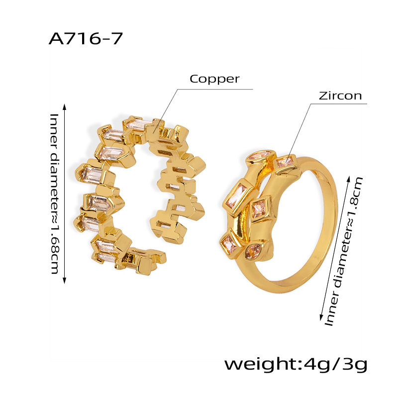 Gold Plated Baguette & Geometric Zircon Ring Set - Adjustable Stackable Fashion Jewelry - 详情-15-11 