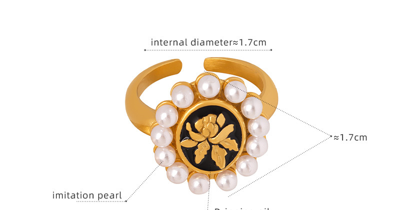 Gold Plated Pearl & Black Enamel Floral Adjustable Ring for Women - 详情-15-8 