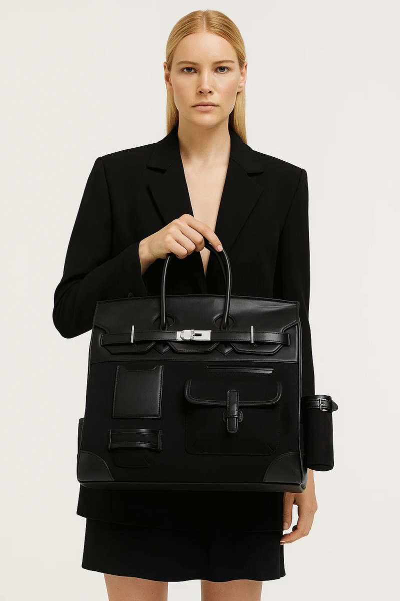 Women's Large Black Leather & Canvas Tote Bag - Spacious, Stylish & Multi-Pocket Handbag for Work & Travel