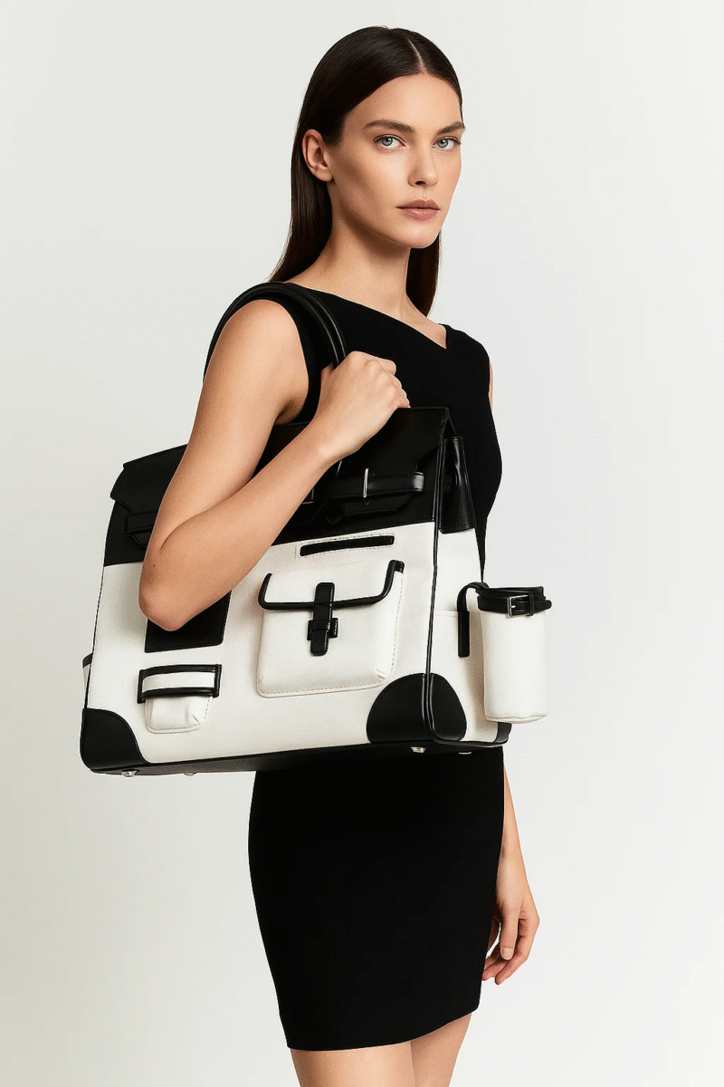 Women's Large Black & White PU Leather & Canvas Tote Bag - Stylish & Spacious Shoulder Handbag