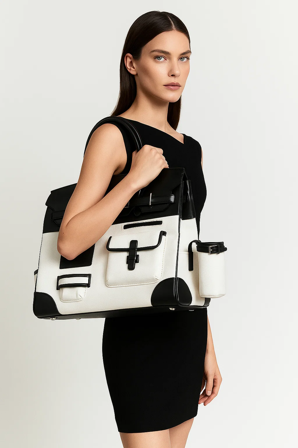 Women's Large Black & White PU Leather & Canvas Tote Bag - Stylish & Spacious Shoulder Handbag - 250801001-model-show-4 