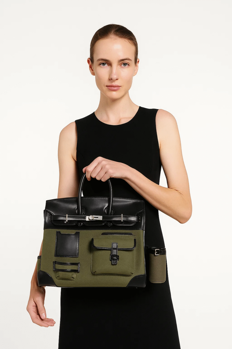 Women's Large Olive Green & Black PU Leather Canvas Tote Bag - Spacious & Stylish Everyday Handbag