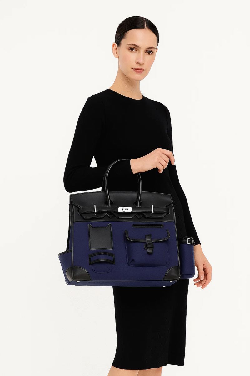 Women's Large Navy Blue & Black PU Leather Canvas Tote Bag - Stylish & Spacious Business Handbag