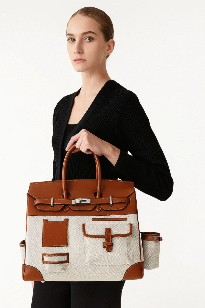 Women's Large Tan Brown & Off-White PU Leather Canvas Tote Bag - Stylish & Spacious Everyday Handbag