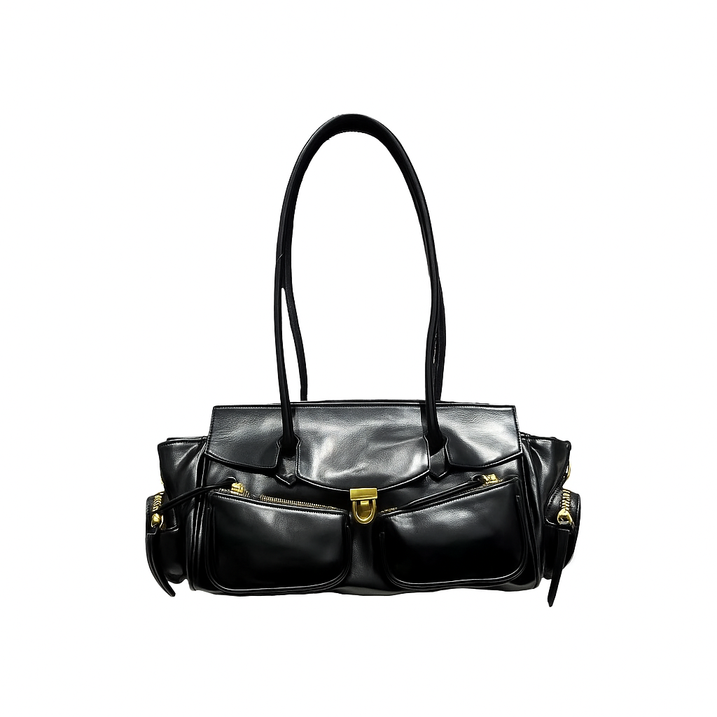 Classic Black Leather Work Tote Bag for Women - Multi-Pocket & Secure Closure