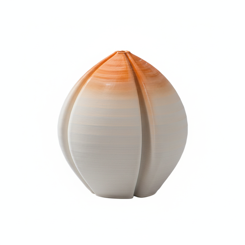 3D Printed Ceramic Vase - Modern Organic Design, Textured Home Decor, Off-White & Orange Ombre
