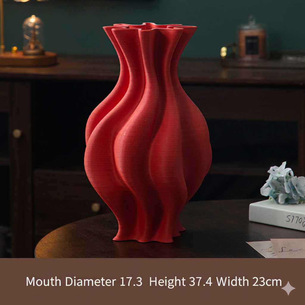 3D Printed Red Fluted Ceramic Vase - Modern Decorative Home Decor - en-size250830001-1 