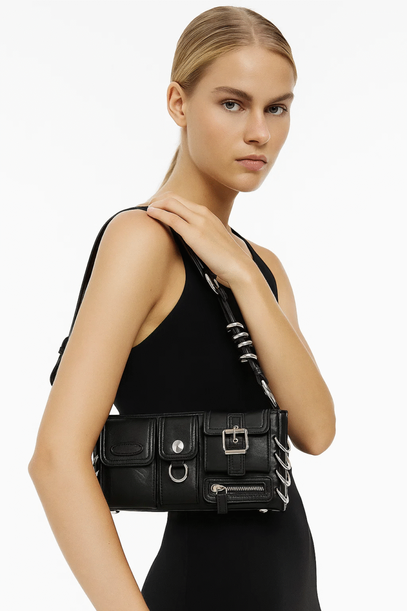 Women's Black Shoulder Bag - Multi-Pocket Leather Handbag