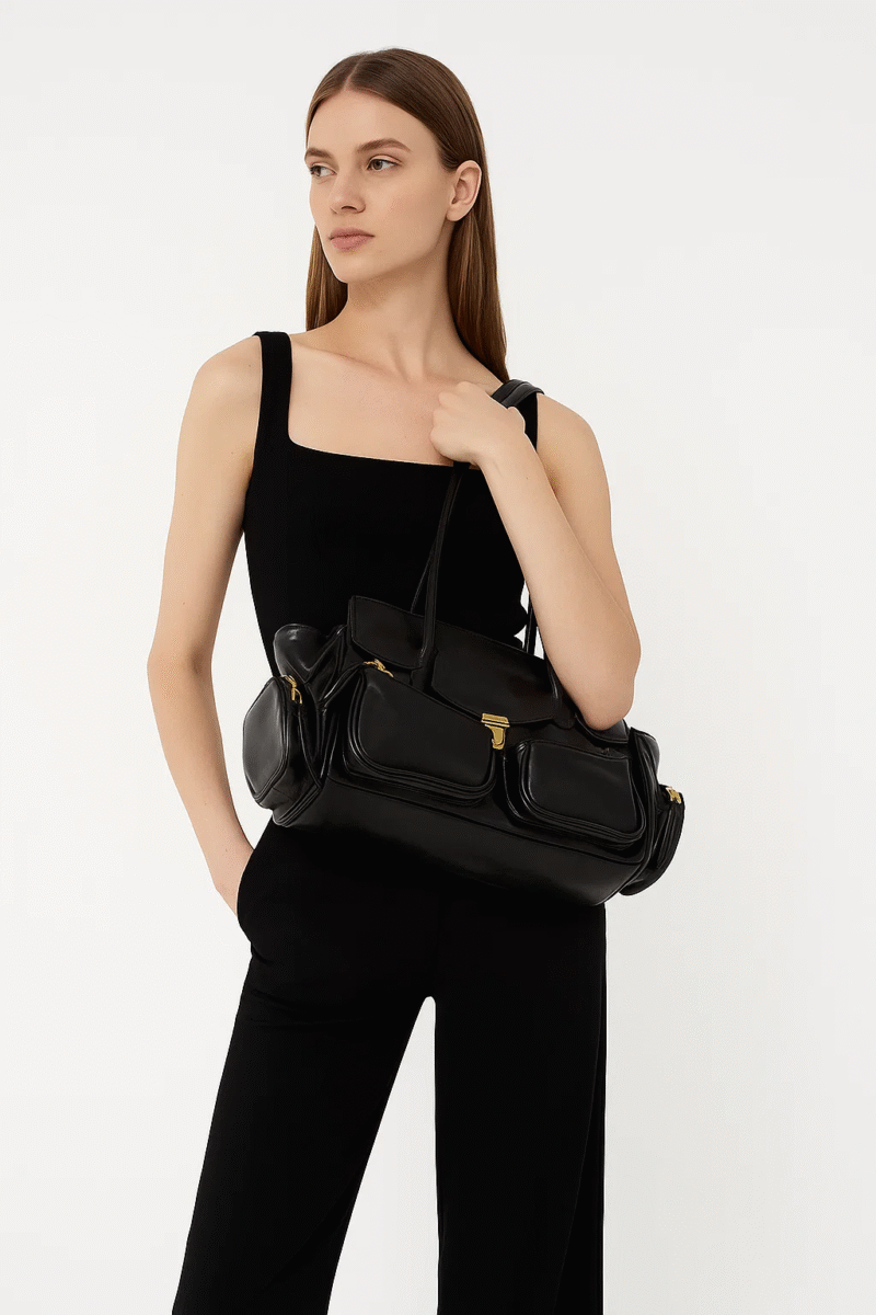 Classic Black Leather Work Tote Bag for Women - Multi-Pocket & Secure Closure