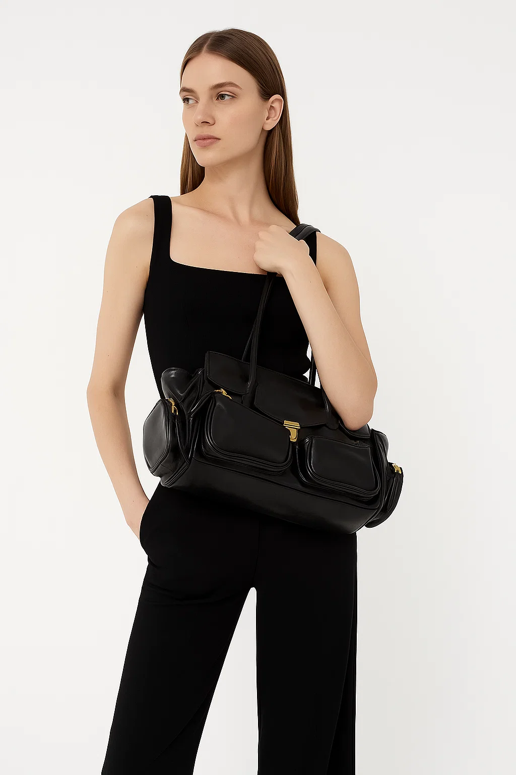 Classic Black Leather Work Tote Bag for Women - Multi-Pocket & Secure Closure - model-show-0800302 
