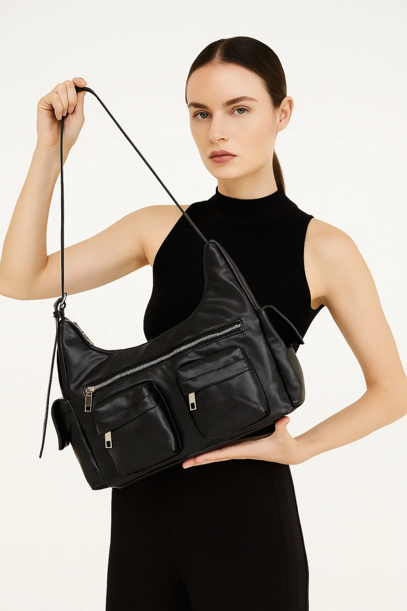 Casual Chic Black Shoulder Bag for Women - Multi-Pocket Hobo Style