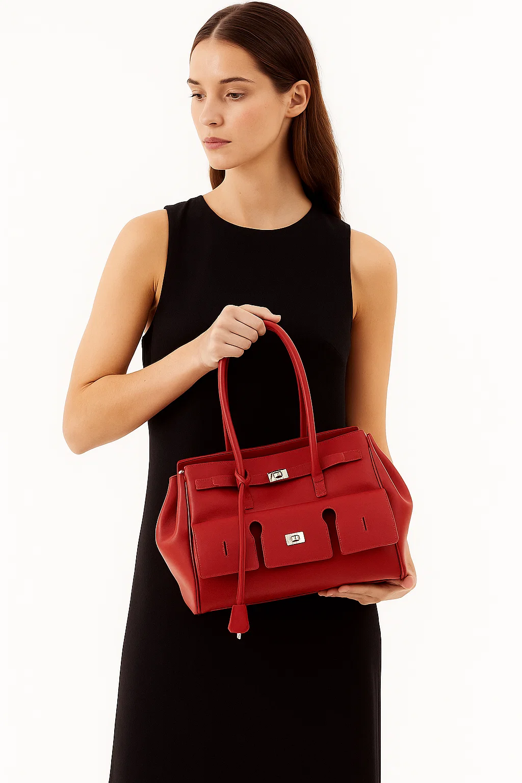 Red Leather Women's Handbag with Front Pockets for work - model-show-0806001 