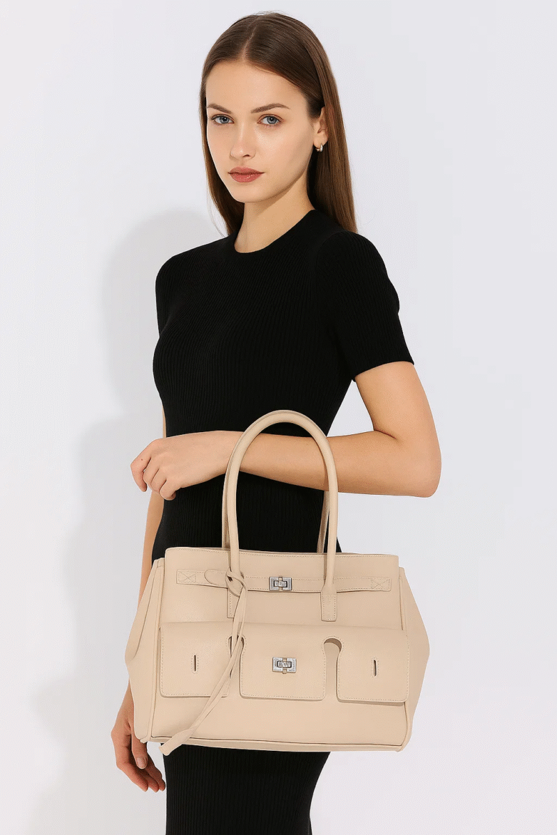 Cream Leather Tote Bag for Women, Professional Laptop Handbag