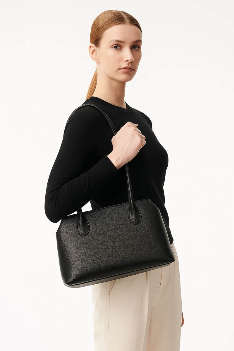 Black Leather Women's Laptop Tote Bag, Professional Shoulder Handbag