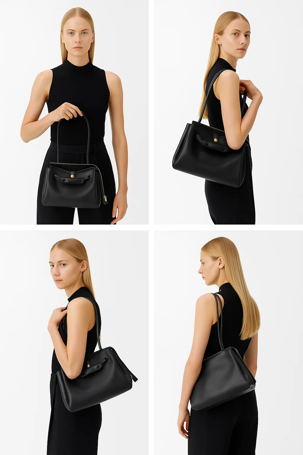 Black Leather Women's Laptop Tote Bag, Modern Work Handbag - model-show-0806004 