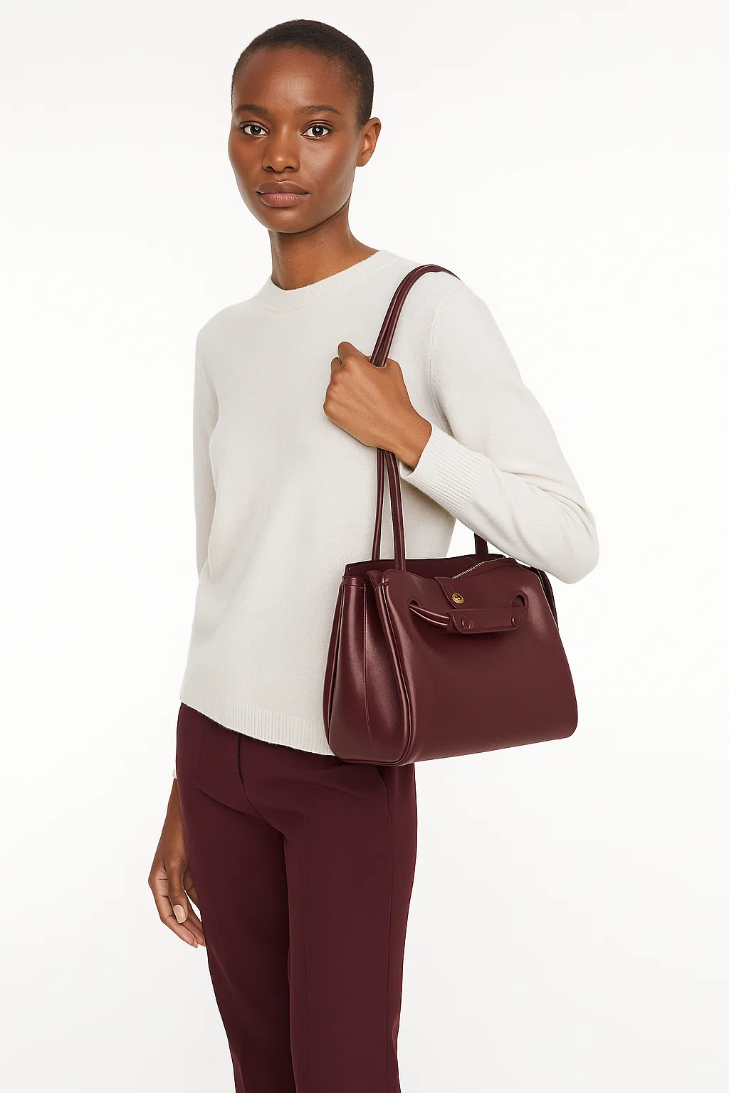 Burgundy Leather Women's Laptop Tote Bag, Professional Work Handbag - model-show-0806005 