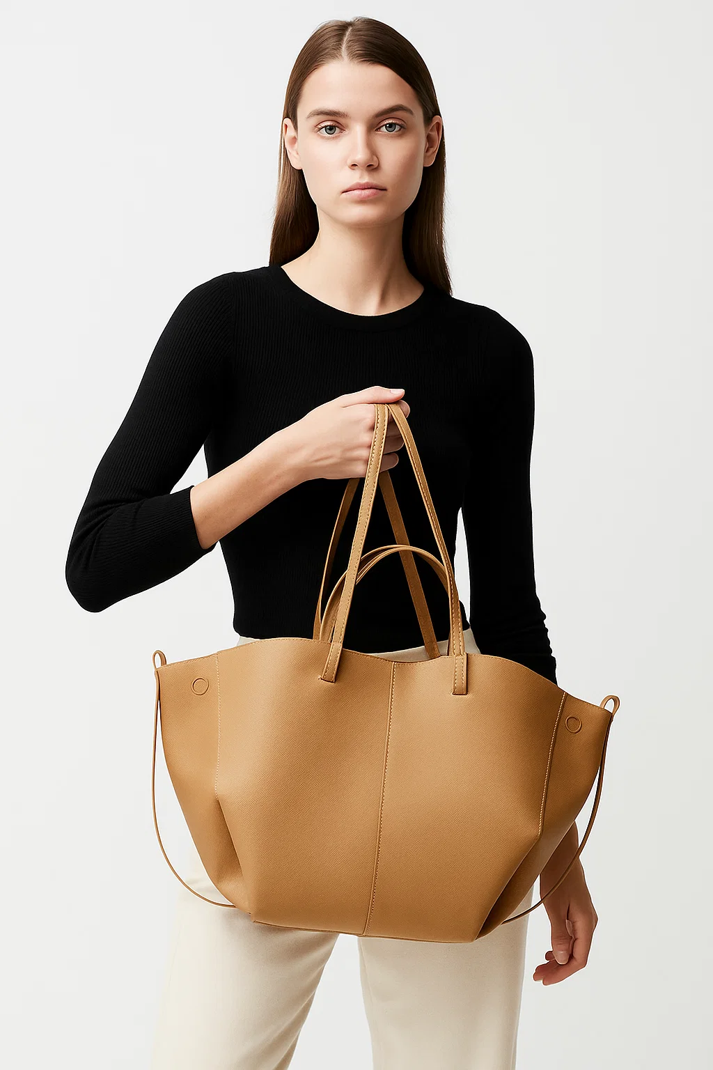 Tan Leather Women's Laptop Tote Bag, Slouchy Work Shoulder Bag - model-show-0806006 