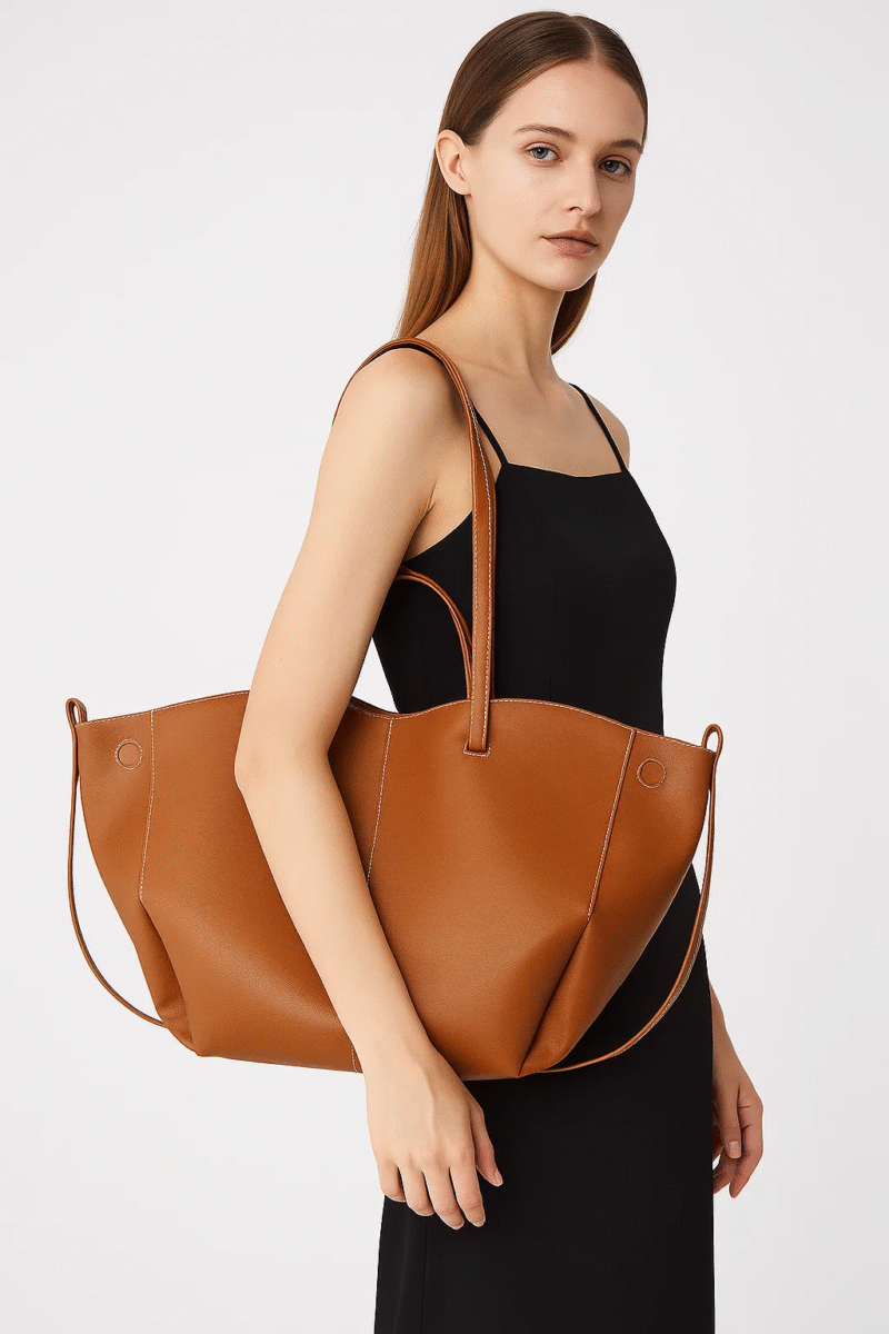 Brown Leather Women's Laptop Tote Bag, Contrast Stitching Shoulder Bag