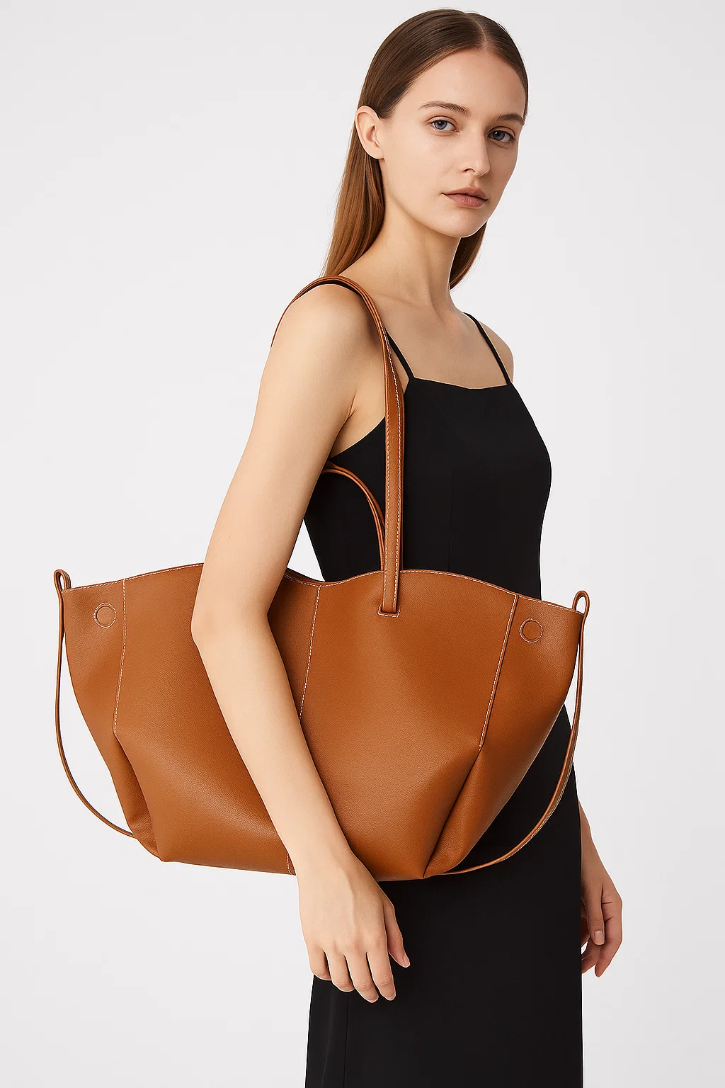 Brown Leather Women's Laptop Tote Bag, Contrast Stitching Shoulder Bag - model-show-0806007 