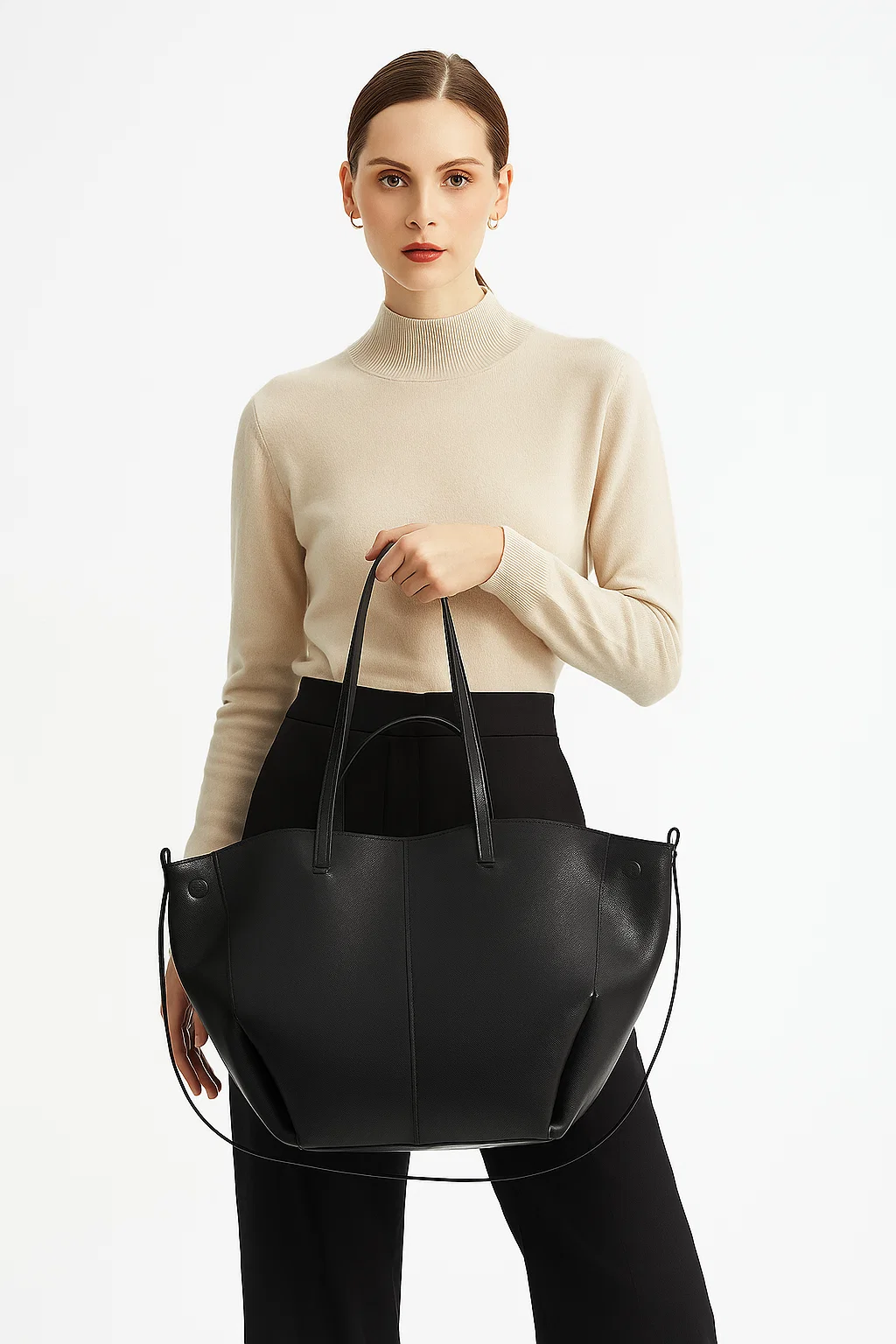 Black Leather Women's Laptop Tote Bag, Slouchy Work Shoulder Bag - model-show-0806008 