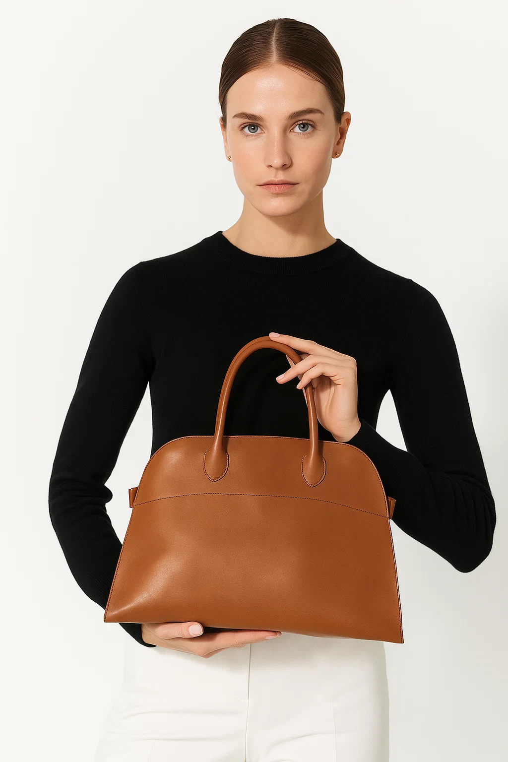 Tan Leather Women's Structured Dome Handbag, Professional Laptop Tote - model-show-0806009 