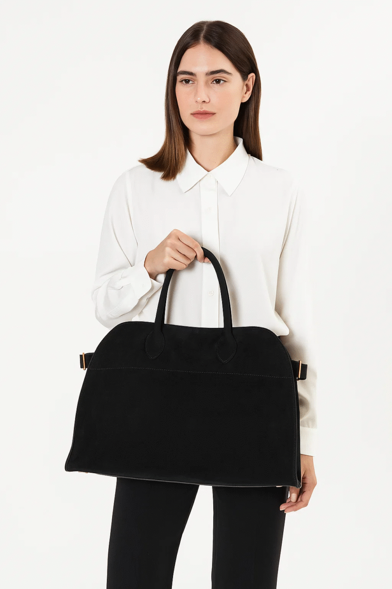 Black Suede Women's Structured Dome Handbag, Professional Laptop Tote