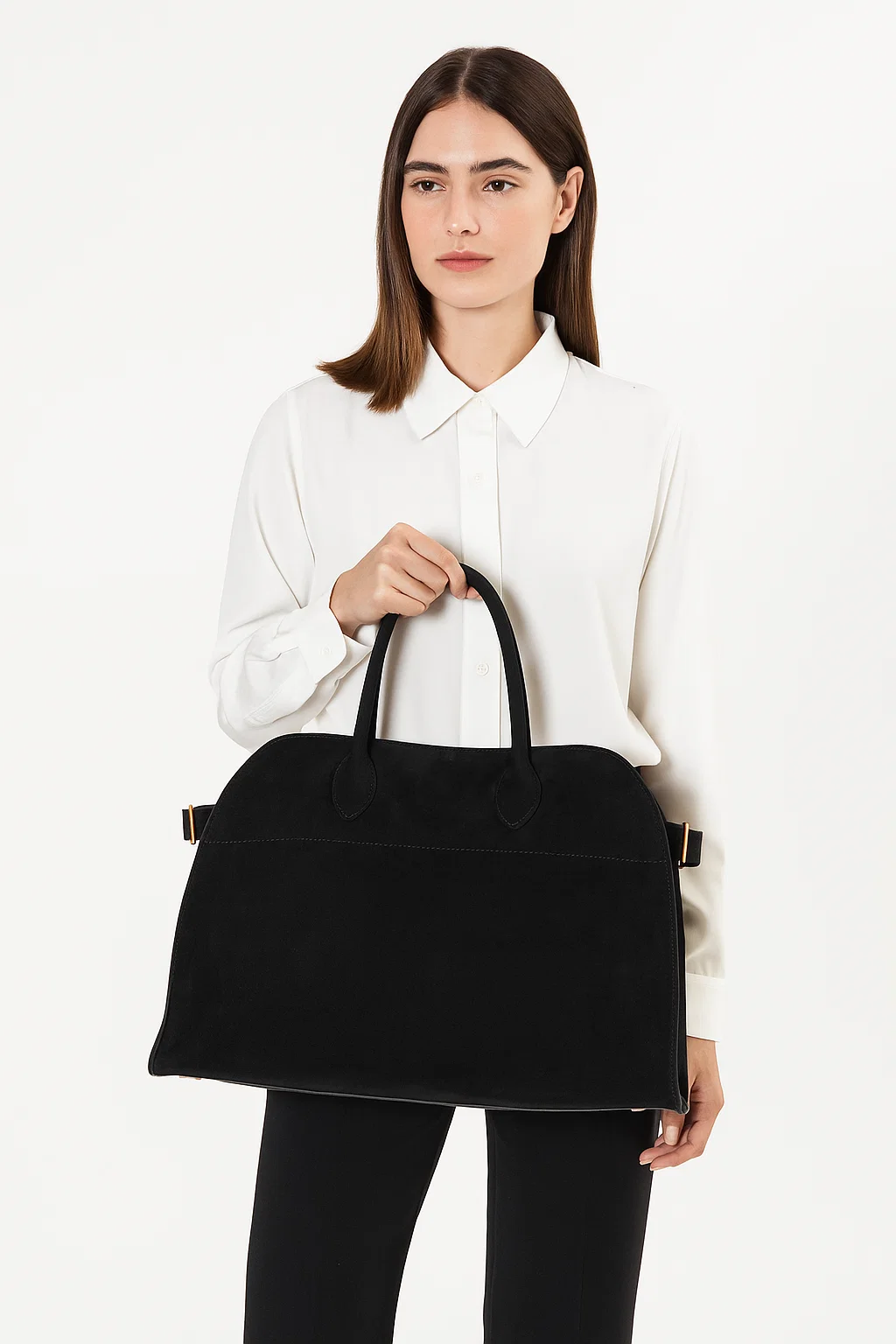 Black Suede Women's Structured Dome Handbag, Professional Laptop Tote - model-show-08060111 