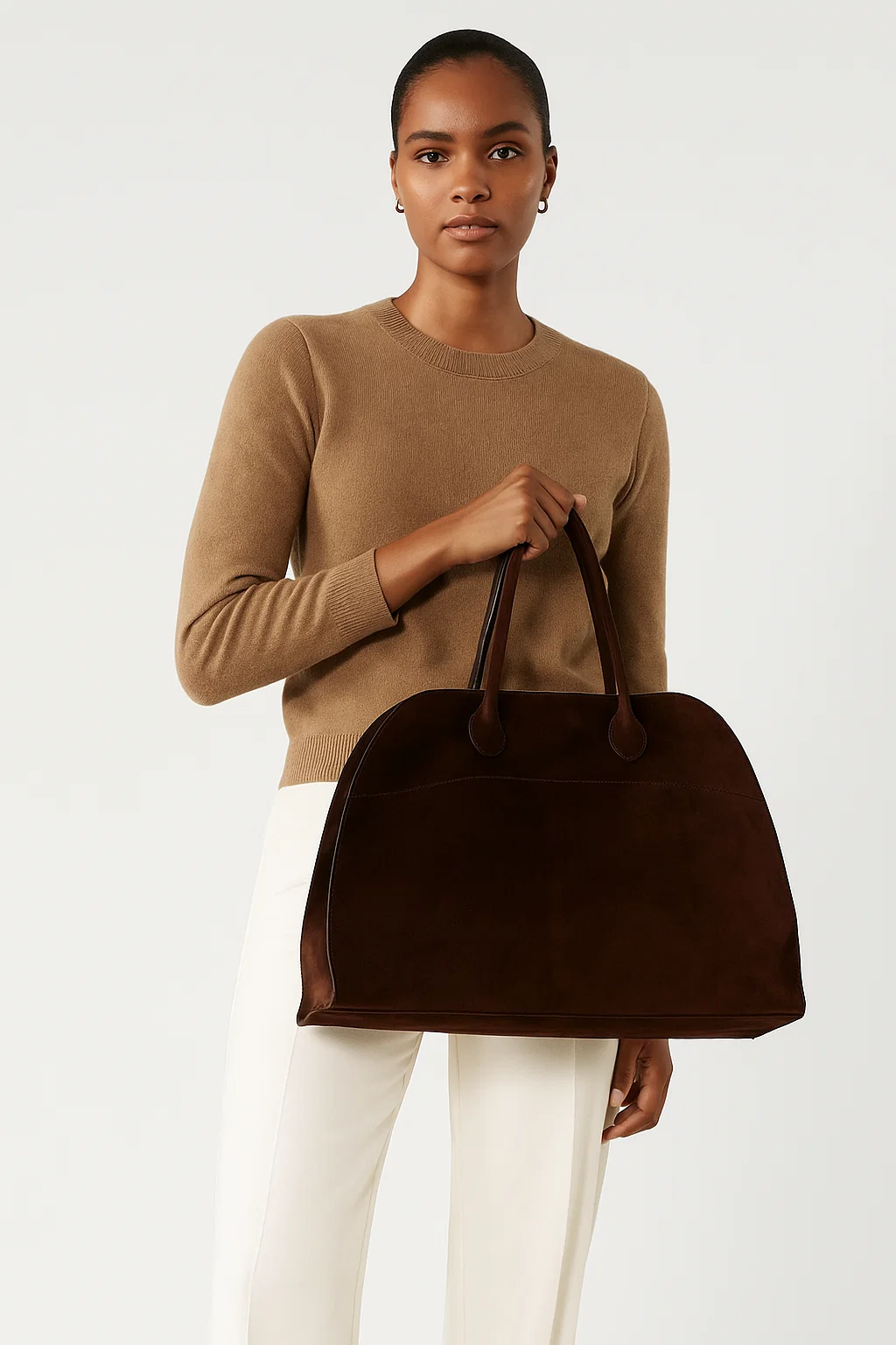 Dark Brown Suede Women's Structured Dome Handbag, Professional Laptop Tote - model-show-08060112 