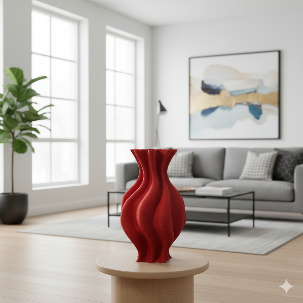 3D Printed Red Fluted Ceramic Vase - Modern Decorative Home Decor - show-0830001-1 