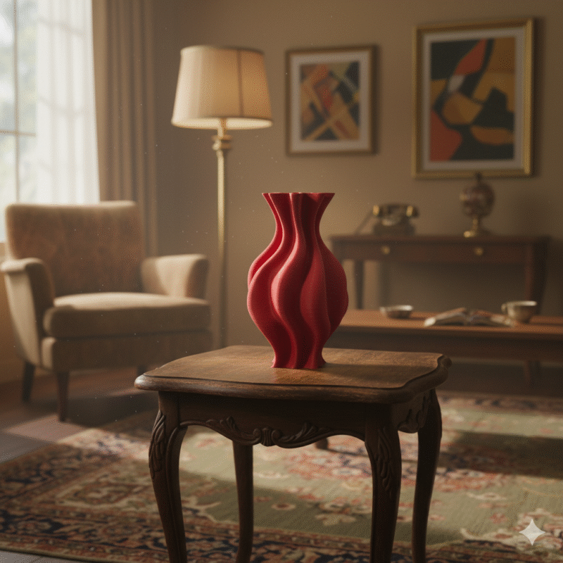 3D Printed Red Fluted Ceramic Vase - Modern Decorative Home Decor