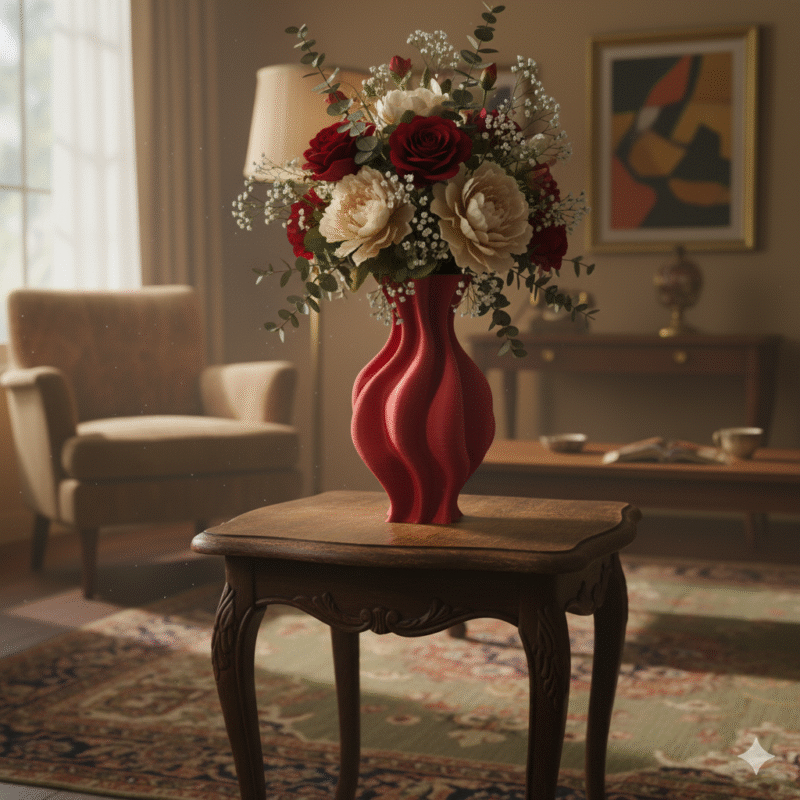 3D Printed Red Fluted Ceramic Vase - Modern Decorative Home Decor