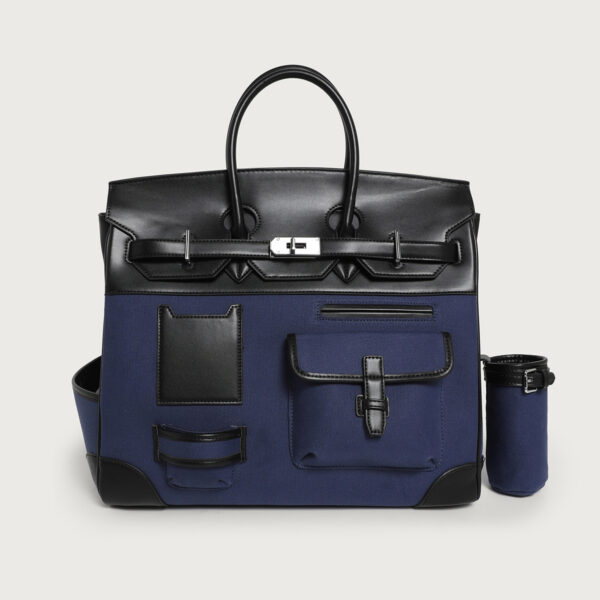 Women's Large Navy Blue & Black PU Leather Canvas Tote Bag - Stylish & Spacious Business Handbag