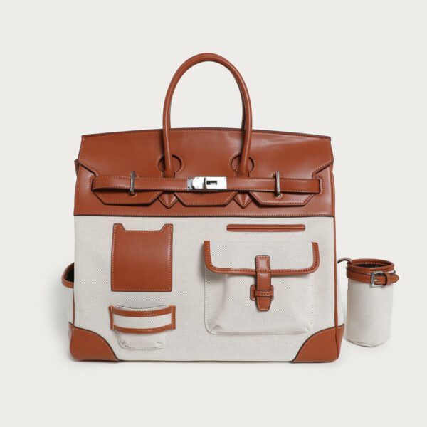 Women's Large Tan Brown & Off-White PU Leather Canvas Tote Bag - Stylish & Spacious Everyday Handbag