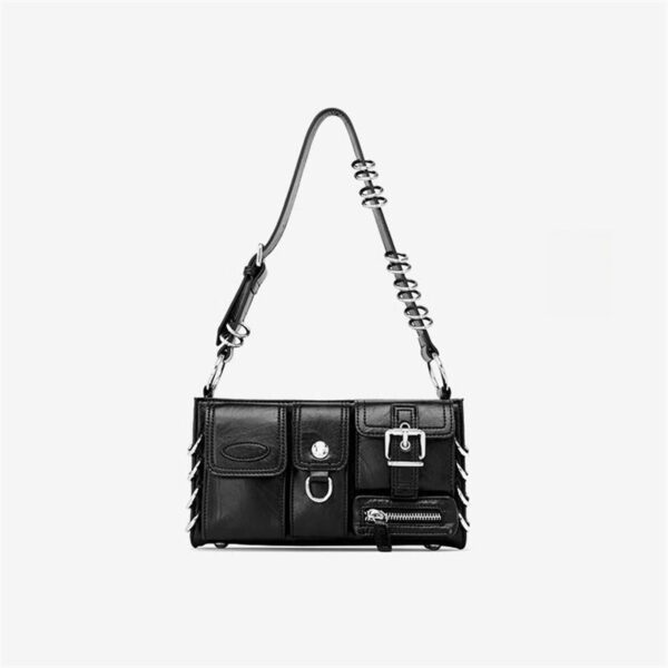 Women's Black Shoulder Bag - Multi-Pocket Leather Handbag