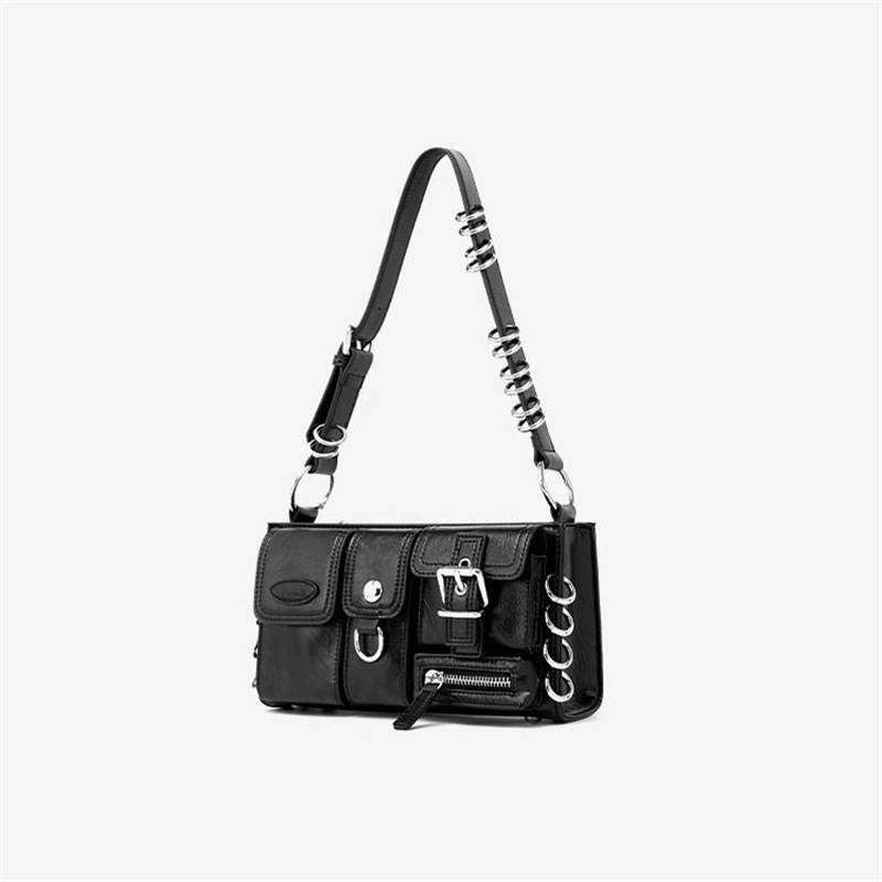 Women's Black Shoulder Bag - Multi-Pocket Leather Handbag - 主图-3 