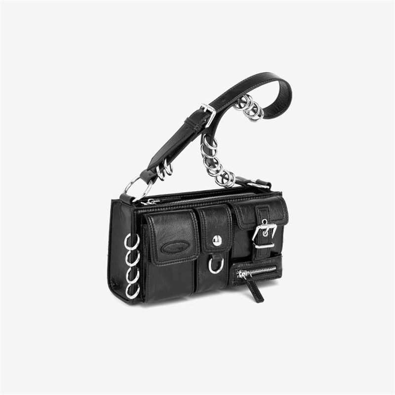 Women's Black Shoulder Bag - Multi-Pocket Leather Handbag - 主图-5-1 